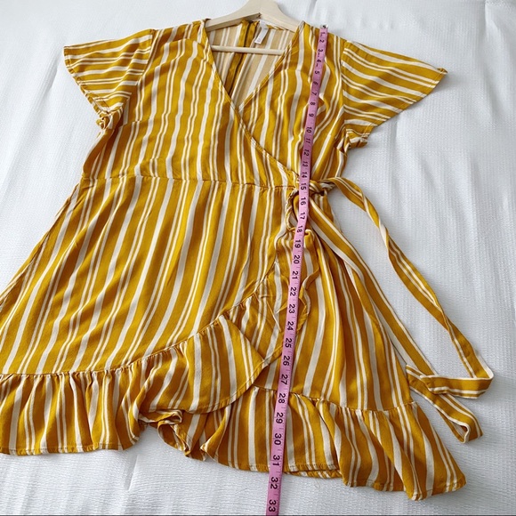 Golden Yellow & White Stripe Mini Wrap Dress - Picture 7 of 9